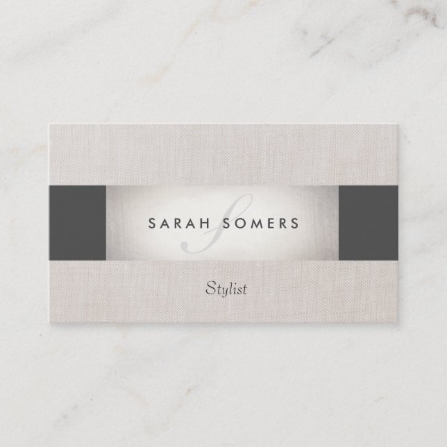Chic Striped Faux Silver Foil and Black Monogram Business Card (Front)