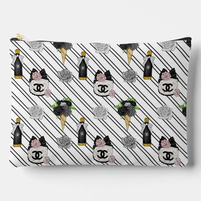 Chic Striped Floral & Champagne Makeup Pouch (Front)