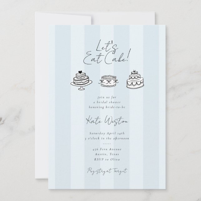 Chic Striped Let’s Eat Cake Blue Bridal Shower Invitation (Front)