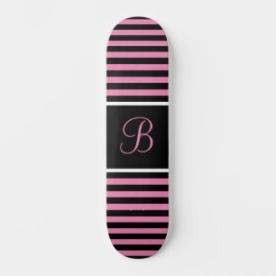 Chic Striped Pink and Black Custom Initial Letter Skateboard
