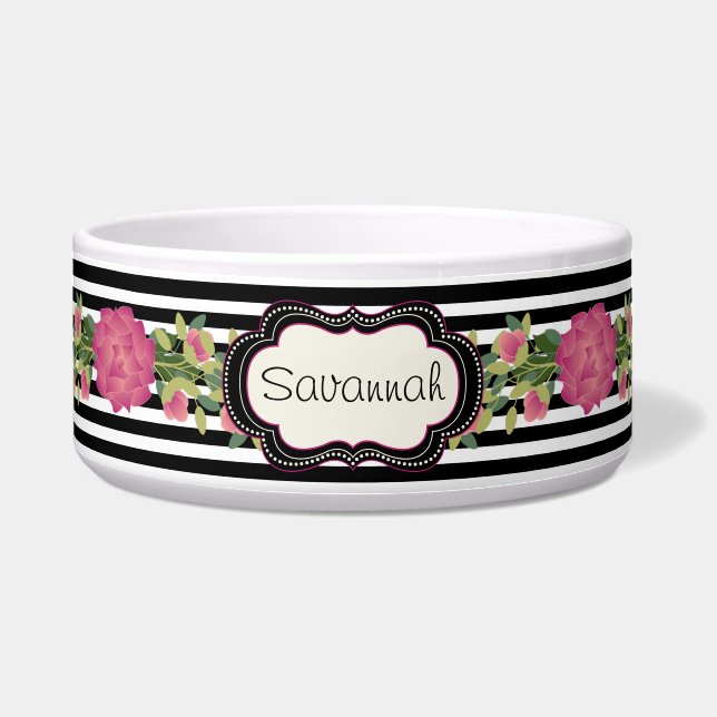 Chic Stripes and Roses Custom Pet Bowl (Front)
