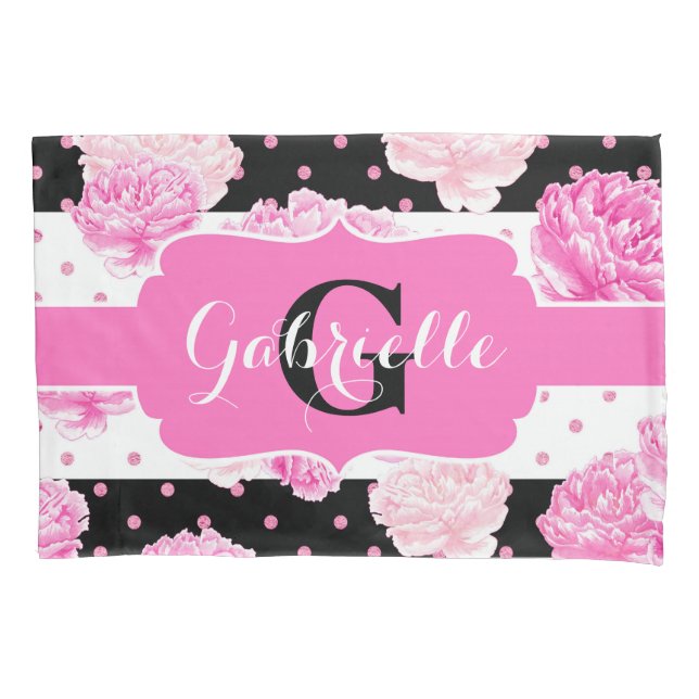 Chic Stripes Pink Watercolor Floral Monogram Pillowcase (Front-Left)