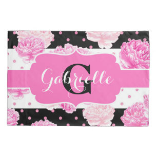 Chic Stripes Pink Watercolor Floral Monogram Pillowcase
