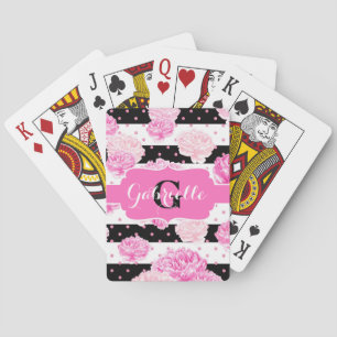Chic Stripes Pink Watercolor Floral Monogram Playing Cards