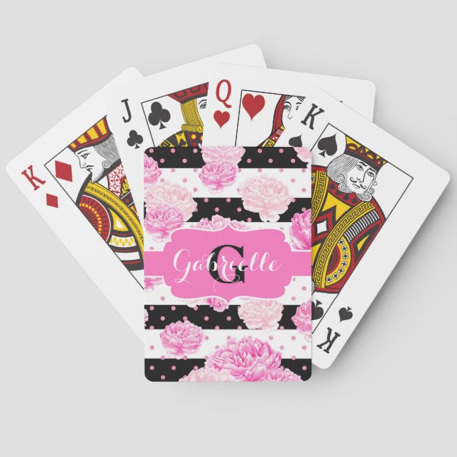 Chic Stripes Pink Watercolor Floral Monogram Playing Cards (Back)