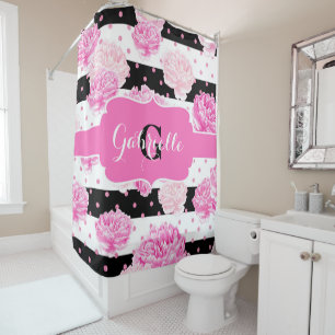 Chic Stripes Pink Watercolor Floral Monogram Shower Curtain