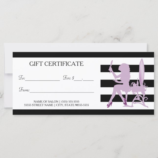 Chic Stripes Purple Girl Salon Gift Certificate (Front)
