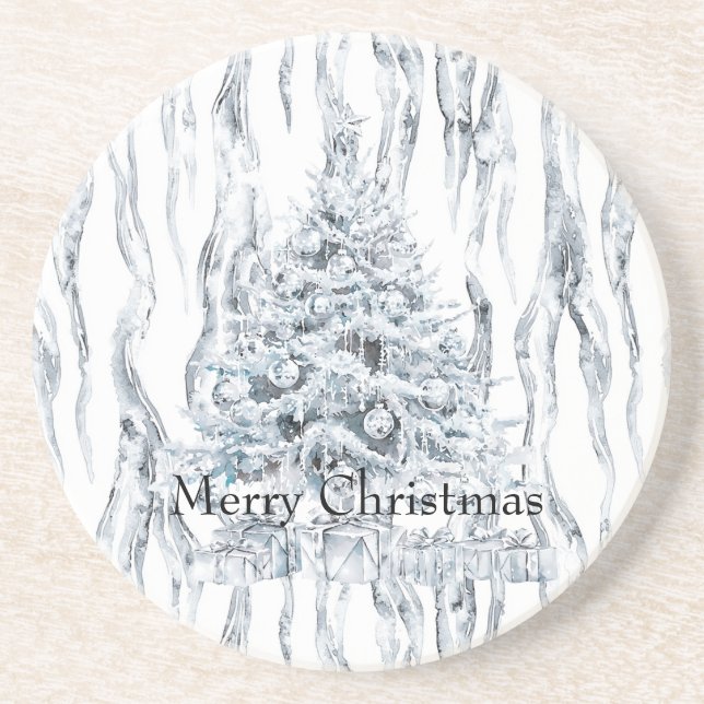 Chic Stripes Silver Christmas Tree Coaster (Front)