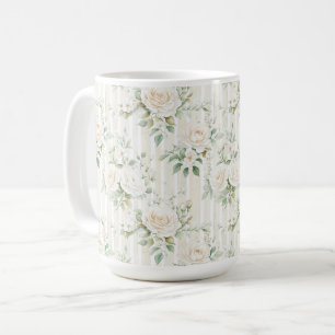 Chic Stripes White Floral Romantic Wedding Coffee Mug