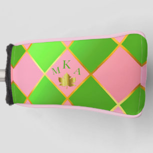Chic Stylish Argyle Monogrammed Pink and Green Put Golf Head Cover