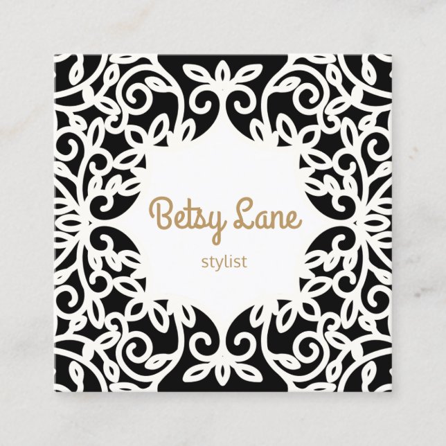 Chic Stylish Black and White Swirls Square Business Card (Front)