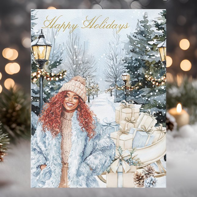 Chic Stylish Black Woman Winter Scene Happy Holiday Postcard (Creator Uploaded)