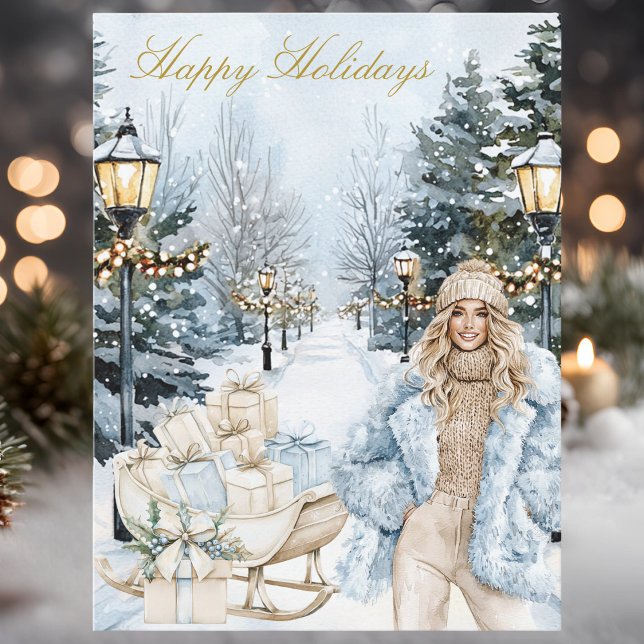 Chic Stylish Blue Watercolor Winter Scene Happy Holiday Postcard (Creator Uploaded)
