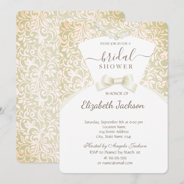  Chic Stylish Bride Dress Damask Bridal Shower   Invitation (Front/Back)