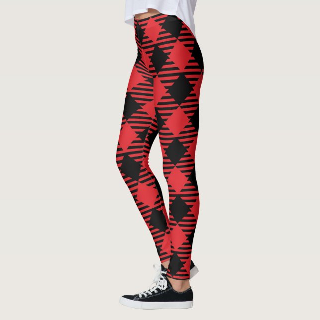Chic Stylish Bright Red Plaid Woman's Christmas Leggings (Left)