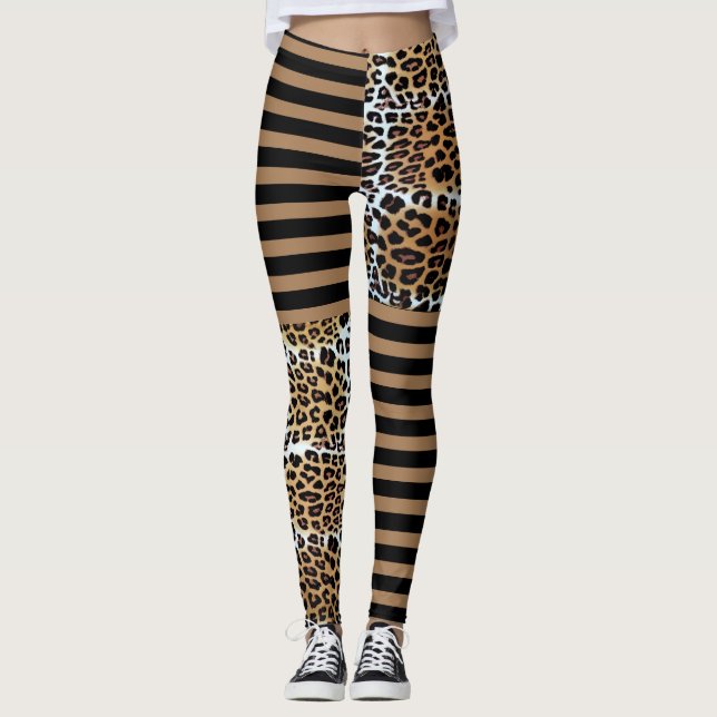 Chic Stylish Brown Leopard & Black Brown Stripes  Leggings (Front)