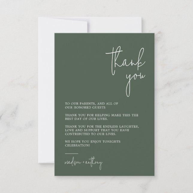 Chic Stylish Dark Green Modern Photo Wedding  Thank You Card (Front)
