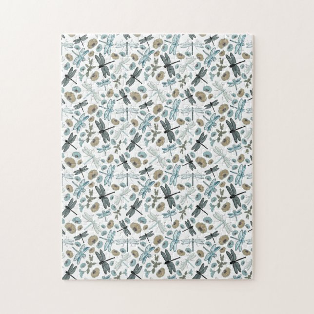 Chic Stylish Dragonflies Blues Teals Grey Flowers Jigsaw Puzzle (Vertical)