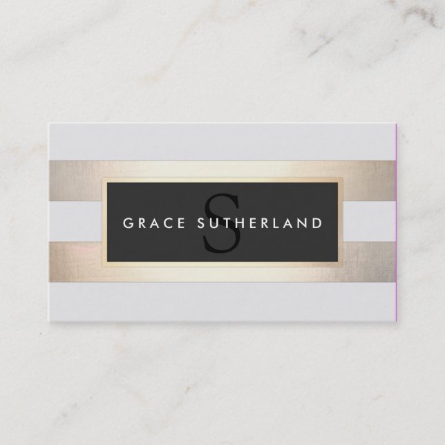 Chic Stylish FAUX Gold and Black Striped Monogram Business Card (Front)