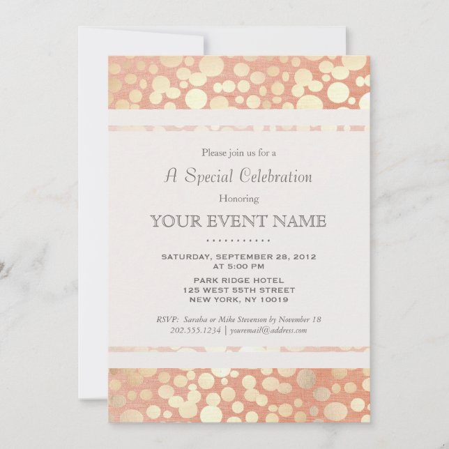Chic Stylish Faux Gold Foil Circles & Peach Linen Invitation (Front)