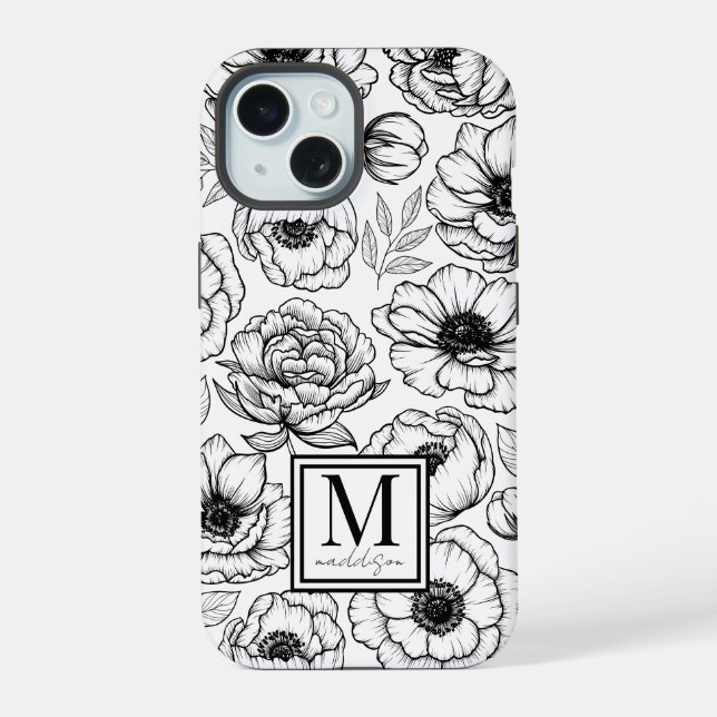 Chic Stylish Floral Initial Monogram iPhone 15 Case (Back)