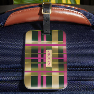 Chic & Stylish Fuchsia Green Plaid Personalised Luggage Tag