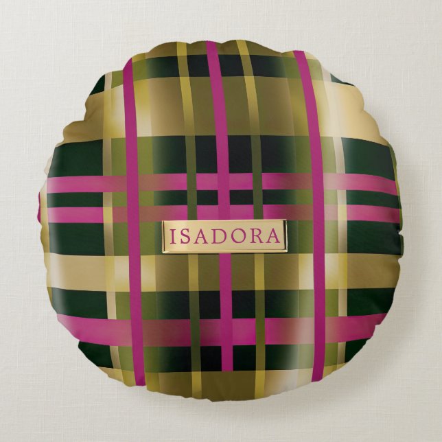 Chic & Stylish Fuchsia Green Plaid Personalised  Round Cushion (Front)