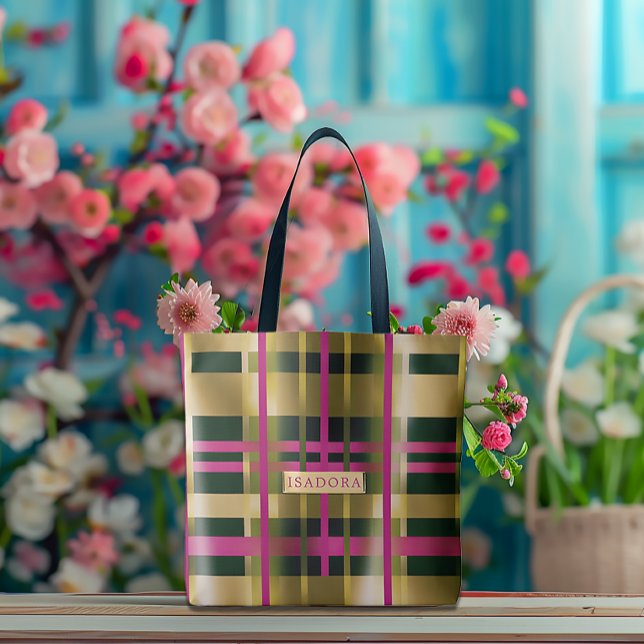 Chic & Stylish Fuchsia Green Plaid Personalised  Tote Bag (Stylish Spring Pink and Green Monogram Tote)