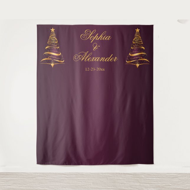 Chic Stylish Gold Christmas Tree Backdrop Wedding Tapestry (Front)