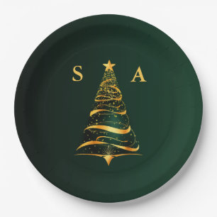Chic Stylish Gold Christmas Tree Monogram Wedding Paper Plate