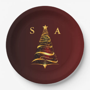 Chic Stylish Gold Christmas Tree Monogram Wedding Paper Plate