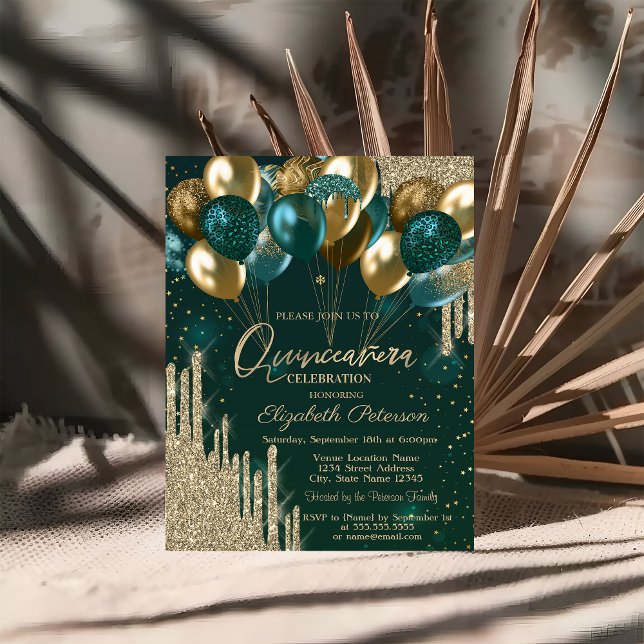 Chic Stylish Gold Glitter Drips Balloons Green Invitation (Creator Uploaded)
