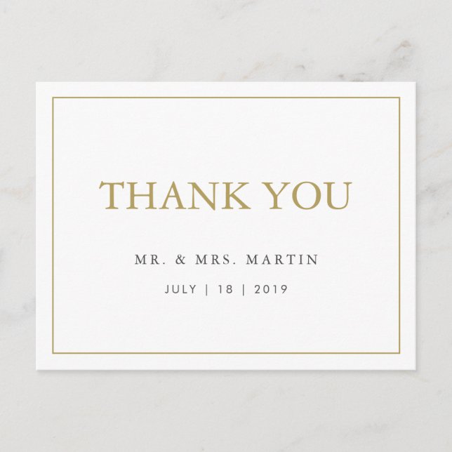 Chic Stylish Gold & White Custom Wedding Thank You Postcard (Front)