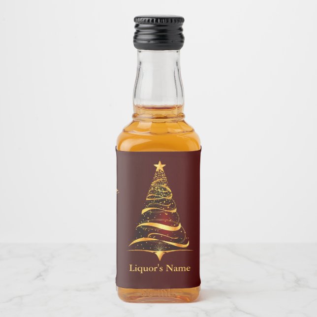 Chic Stylish Golden Christmas Tree Wedding Liquor Bottle Label (Front)