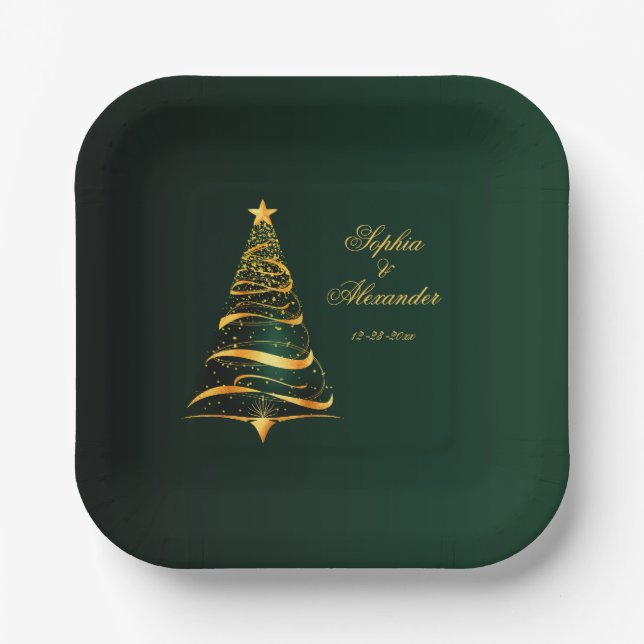 Chic Stylish Golden Christmas Tree Wedding Paper Plate (Front)