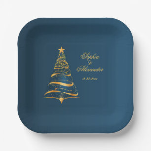 Chic Stylish Golden Christmas Tree Wedding Paper Plate
