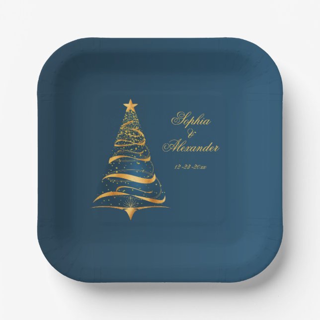 Chic Stylish Golden Christmas Tree Wedding Paper Plate (Front)
