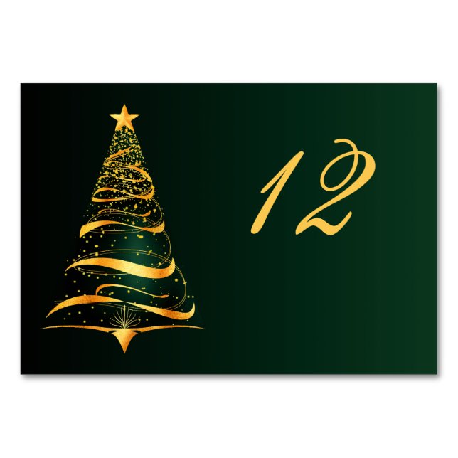 Chic Stylish Golden Christmas Tree Wedding Table Number (Front)