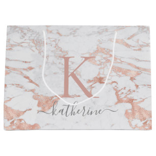 Chic Stylish Marble and Rose Gold Foil Monogram Large Gift Bag