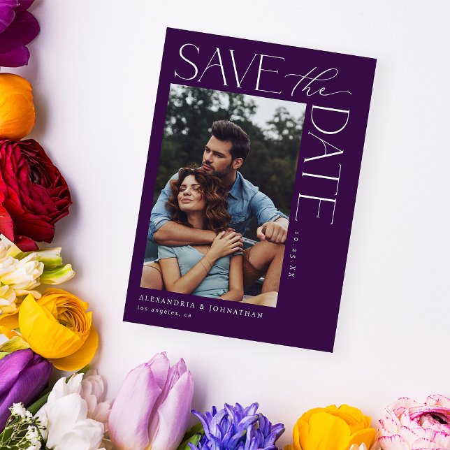 Chic Stylish Mod Photo Save the Date 2 Dark Purple Invitation (Creator Uploaded)
