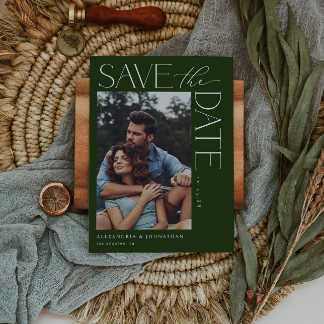 Chic Stylish Mod Photo Save the Date 2 Dk Green Invitation (Creator Uploaded)
