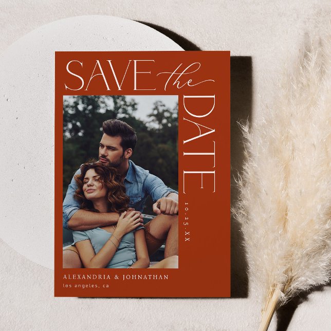 Chic Stylish Mod Photo Save the Date 2 Rust Orange Invitation (Creator Uploaded)