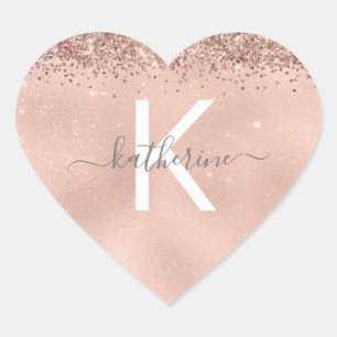 Chic Stylish Rose Gold Glitter Monogram Name Heart Sticker