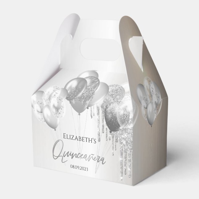 Chic Stylish Silver Glitter Drips Balloons  Favour Box (Front Side)