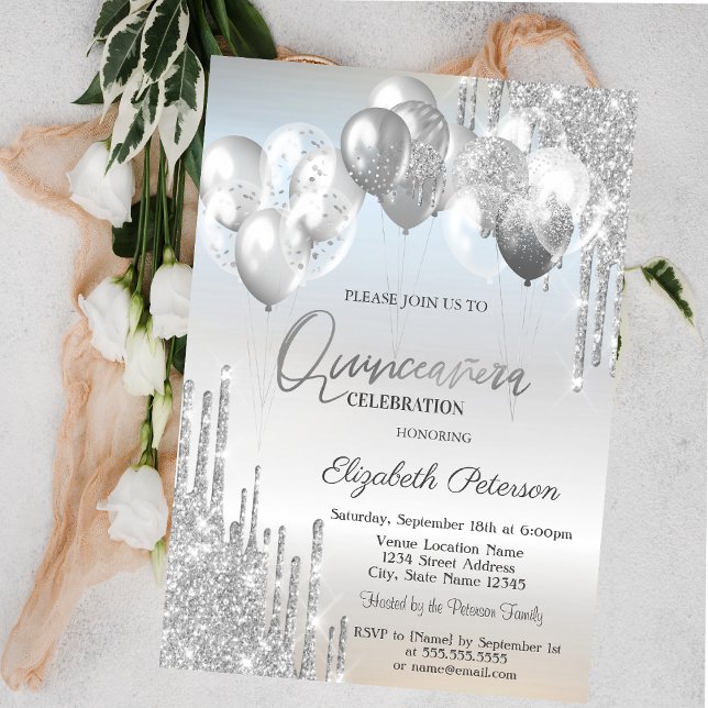 Chic Stylish Silver Glitter Drips Balloons  Invitation (Creator Uploaded)