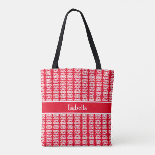 Chic stylish vertical white striped pattern on red tote bag
