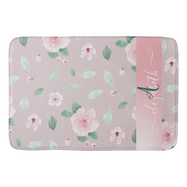 Chic Stylish Watercolor Flowers Monogram   Bath Mat (Front)