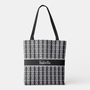 Chic stylish white striped pattern on black tote bag