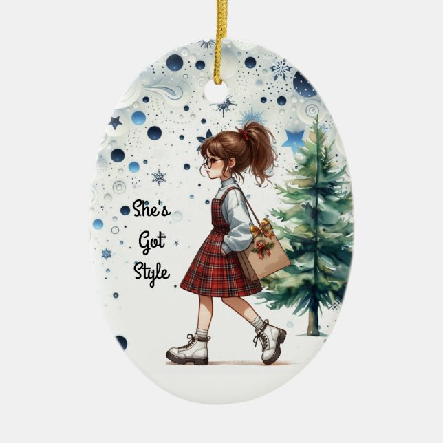Chic Stylish Young Brunette Fashion Personalised  Ceramic Tree Decoration (Front)