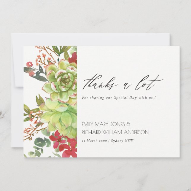 Chic Succulent Desert Cactus Red Floral Wedding Thank You Card (Front)